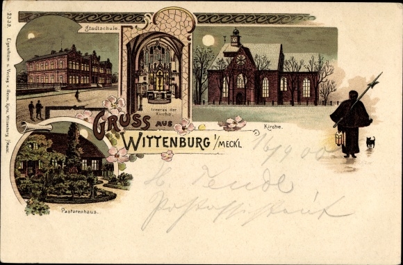 Moonlight Chromo-Litho Wittenburg in Mecklenburg, city school, church, pastor&#39;s house, night watchman
