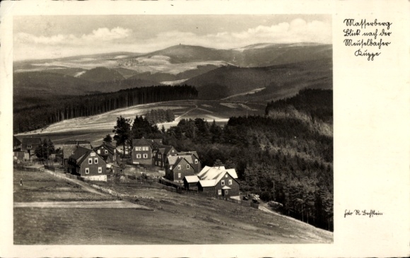 Postcard Masserberg in Thuringia, black and white photography, landscape, houses, forest, mountains, nosta