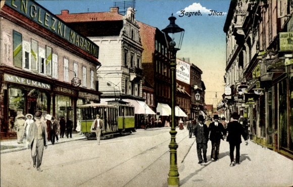 Postcard Zagreb Croatia, tram, pedestrians, shops