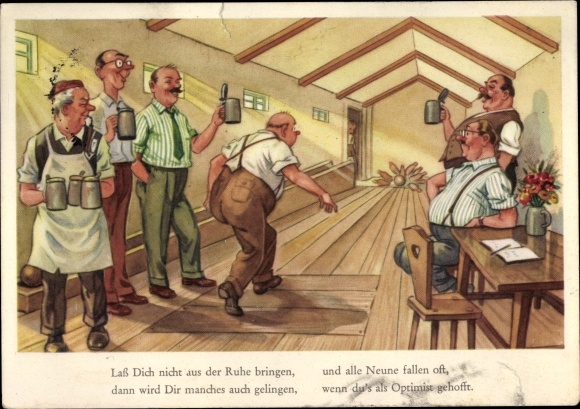 Postcard Don&#39;t be upset, men bowling, beer mugs