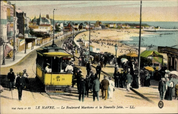 Postcard Le Havre Seine Maritime, Boulevard Maritime, beach, pedestrians, tram