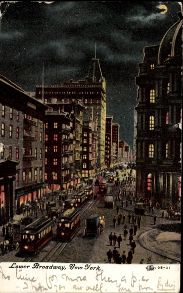 Ak New York City USA, nachtzicht op Lower Broadway, verlichte gebouwen, straattaferelen