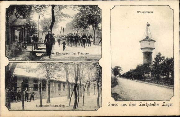 Postcard Lockstedt in Holstein, Lockstedt camp, water tower, barracks, entry of troops