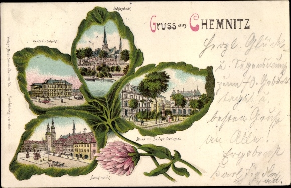 Kleblatt Chromo-Litho Chemnitz in Saxony, train station, main market, stock exchange with Becker monument, castle pond