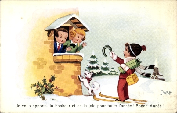 Artist Postcard Patt, Jim, Bonne Année, Boy on Skis, Horseshoes