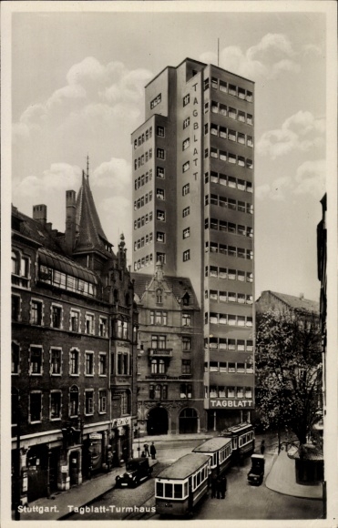 Ak Stuttgart in Württemberg, Tagblatt Turmhaus, Hochhaus, Straßenbahn