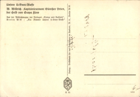 Artist Postcard Willrich, Wolfgang, Lieutenant Commander Günther Prien, Knight's Cross recipient, VDA 1 5 2