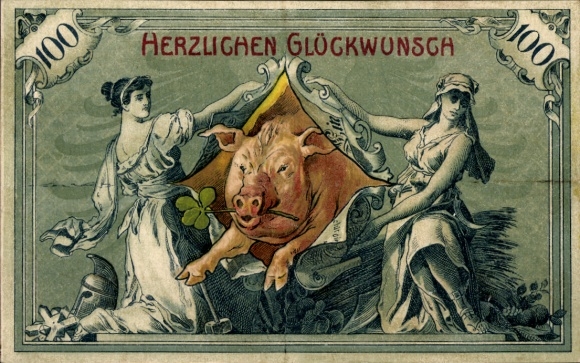 Geldschein Ak Glückwunsch, Schwein, Kleeblatt, Frauen