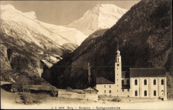 KP Brigue Brig Glis Canton Valais, kościół kolegialny, góry, dolina, śnieg