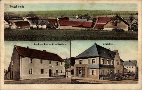 Ak Muschelwitz Göda in Oberlausitz, herberg, bouw- en meubelmakerij, gemeente