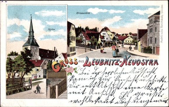 Chromo-Litho Dresden Leubnitz Neuostra, church, street scene