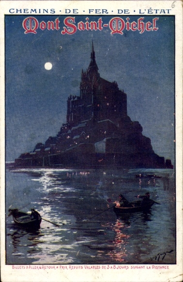 Artysta KP Le Mont-Saint Michel Manche, Chemins de Fer de l'État, łodzie nocą