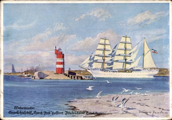 Künstler Ak Zeeden, Walter, Friedrichsort Kiel, Segelschulschiff Gorch Fock, Leuchtturm