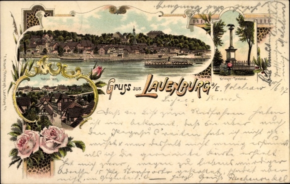 Chromo-Litho Lauenburg an der Elbe, war memorial, view of the place, roses