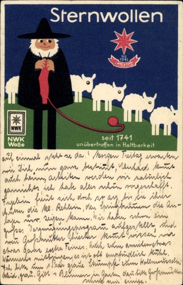 Postcard NWK Wool, Star Wool, Advertising, Shepherd knits with wool from his sheep