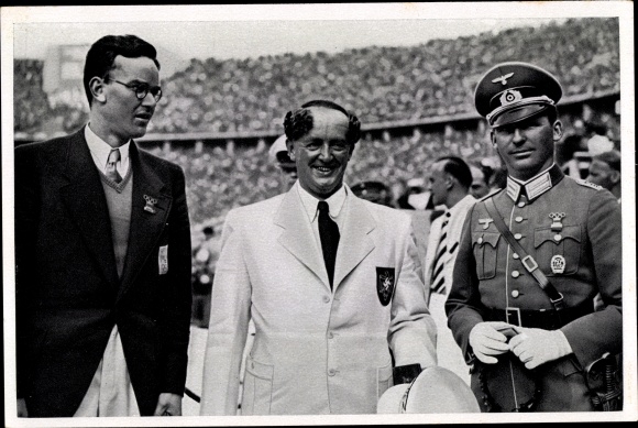 Collection picture Olympia 1936, rapid fire pistol shooters Ullman, van Oyen, Hax, award ceremony