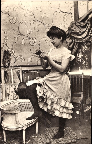 Postcard Parisiennes fin de siecle, woman in underwear, stockings, dress