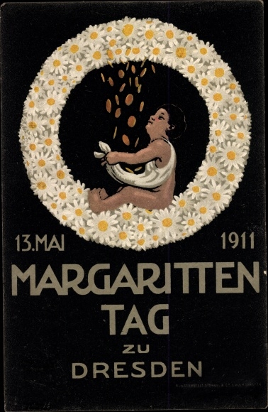 Artist PC Dresden, Margaritten Day 1911, flower day, wreath, money rain
