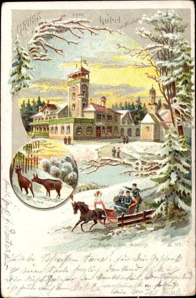 Chromo-Litho Kobel Neusäß Swabia, Kobelberg, restoration and lookout tower