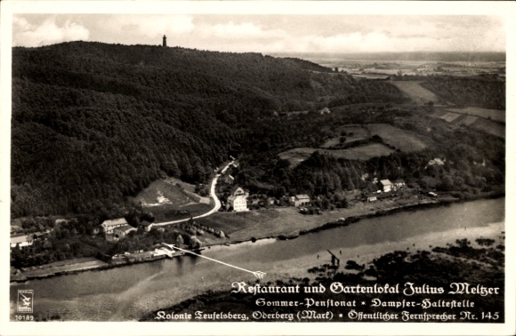 Postcard Oderberg in the Barnim district, Restaurant Julius Meltzer, steamer stop, Teufelsberg colony