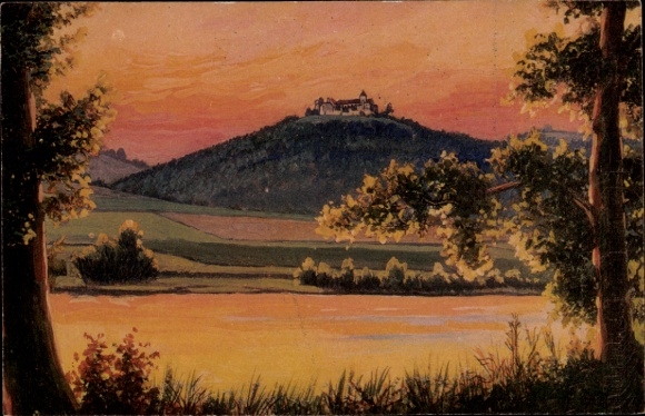 Postcard Waldeck am Edersee Hesse, castle view from the restricted area, landscape with water and trees