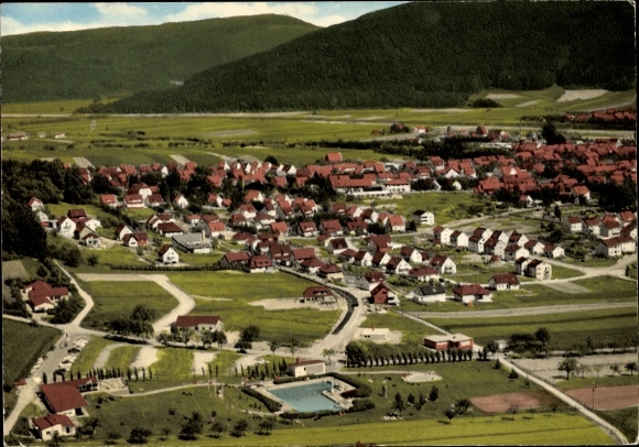 Postcard Reinhardshagen on the Weser, residential buildings, landscape, mountains
