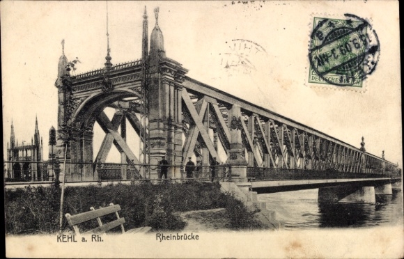 Postcard Kehl am Rhein, Rhine Bridge, postmark, stamp, address