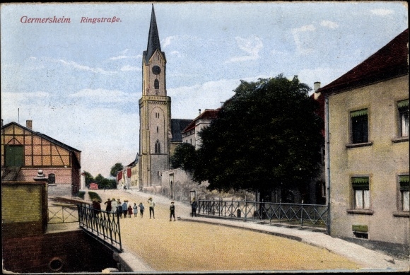 Postcard Germersheim am Rhein, lot on the ring road with church, bridge