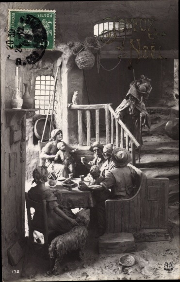 Postcard Plastic by Mastroianni Domenico, family, farmhouse room, dog, table