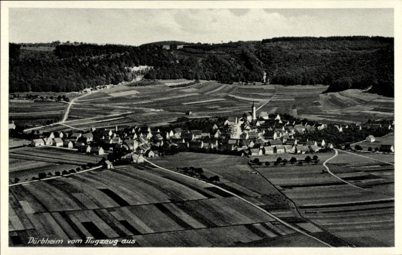 Postcard Dürbheim in Württemberg, aerial photograph of rural landscape, field structures