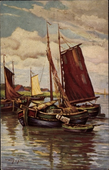 Kunstenaar Ak Hoy, W., Vissersboten in de haven