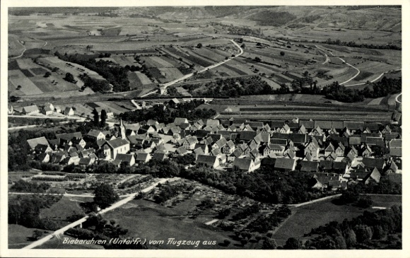 Postcard Bieberehren in Lower Franconia, aerial view of rural surroundings, many roofs