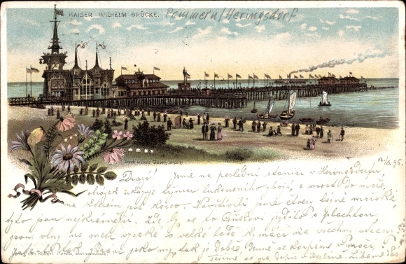 Forerunner Chromo-Litho Baltic resort Heringsdorf on Usedom, Kaiser Wilhelm Bridge, beach party, 1895