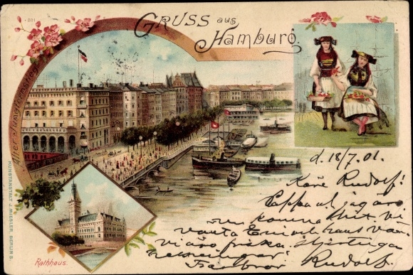 lito Hamburg Mitte Altstadt, Alter Jungfernstieg, ratusz, dziewczyna w stroju czterech krajów