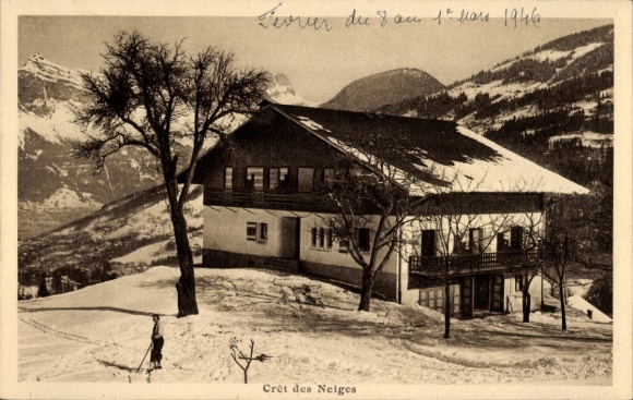 Postcard Ain, Crêt de la Neige, Crêt des Neiges, hut, winter