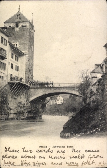 Ak Brugg Kt Aargau Schweiz,  Schwarzer Turm, Fluss, Brücke, 