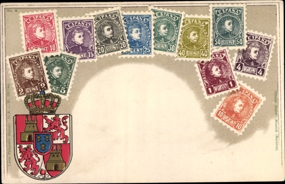 Reliëfstempels ansichtkaart Spanje, wapenschild, Ottmar Zieher