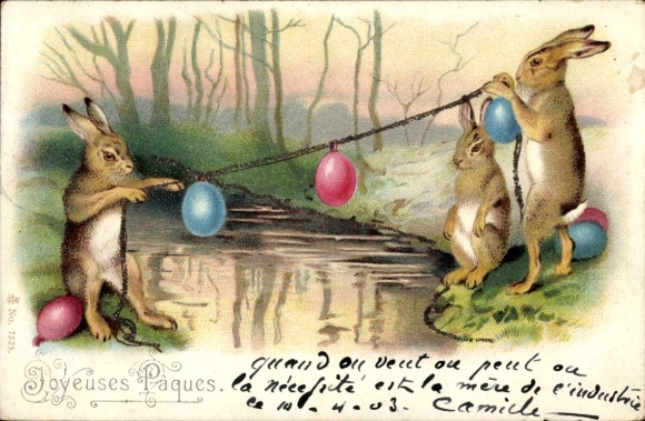 Glitter Chromo-Litho Happy Easter, Easter bunnies, Easter eggs on a line over a stream