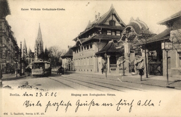 Postcard Berlin Tiergarten, Zoological Garden, Entrance, Elephant Gate, Tram, Memorial Church