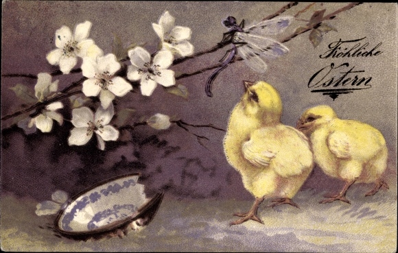 Postcard Happy Easter, chicks are watching a dragonfly