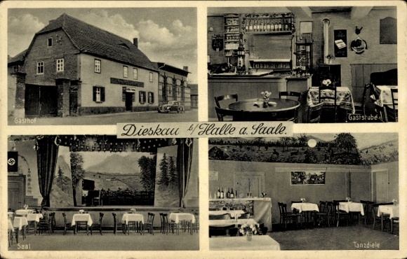 Postcard Dieskau in Saalekreis, inn, hall, guest room, dance hall, old buildings, map