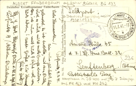 Postcard German aerobatic champion Albert Falderbaum on Bücker Bü 133