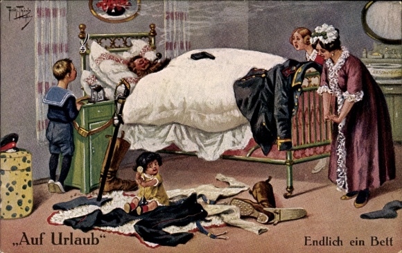 Kunstenaar Ak Thiele, Arthur, Op vakantie, Eindelijk een bed, Soldaat, Familie