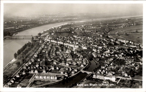 Postcard Kehl am Rhein, aerial view of many houses, Rhine, black and white
