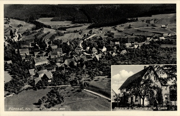 Ak Fürnsal Dornhan im Schwarzwald Fliegeraufnahme, Bäckerei und Handlung von M. Eisele