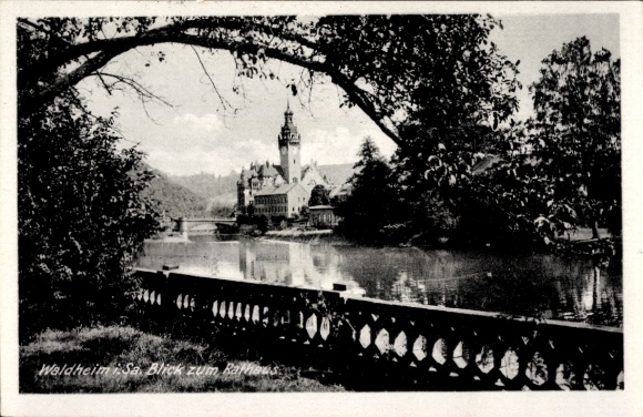 PC Waldheim in Saxony, view of a building, river, trees, PC in black and white