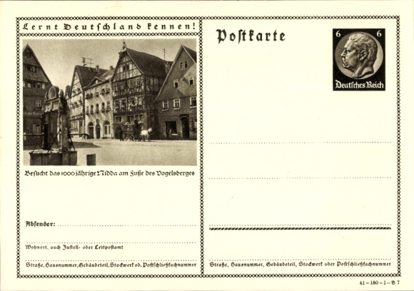 Postal stationery PC Nidda in Hesse, half-timbered house, fountain