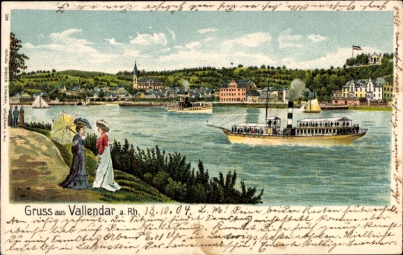 Litho Vallendar am Rhein, Gesamtansicht, Dampfer