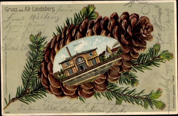 Embossed fir cones Chromo-Litho Altlandsberg Brandenburg, Bahnhof