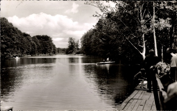 Postcard Rohlfshagen Rümpel Schleswig-Holstein, copper mill, lake, boat
